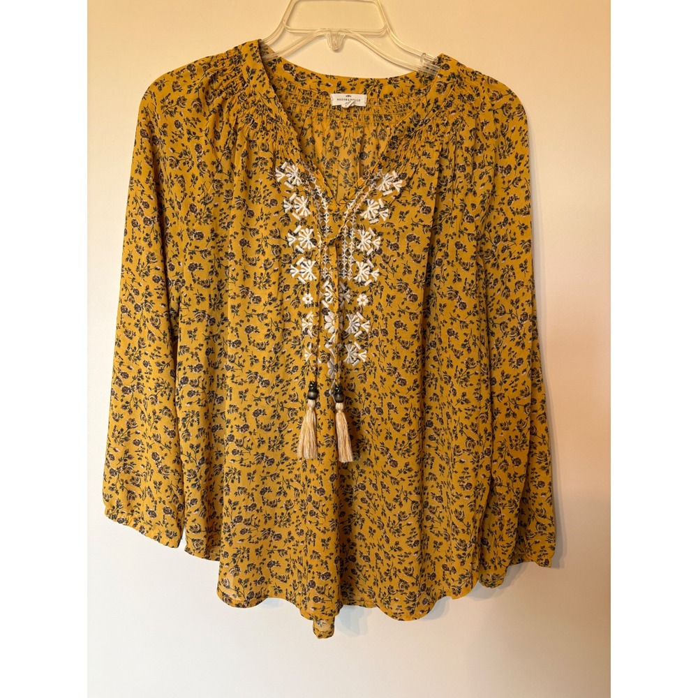 Mason & Belle Mustard Yellow Floral Embroidered Tassel Peasant Blouse Large